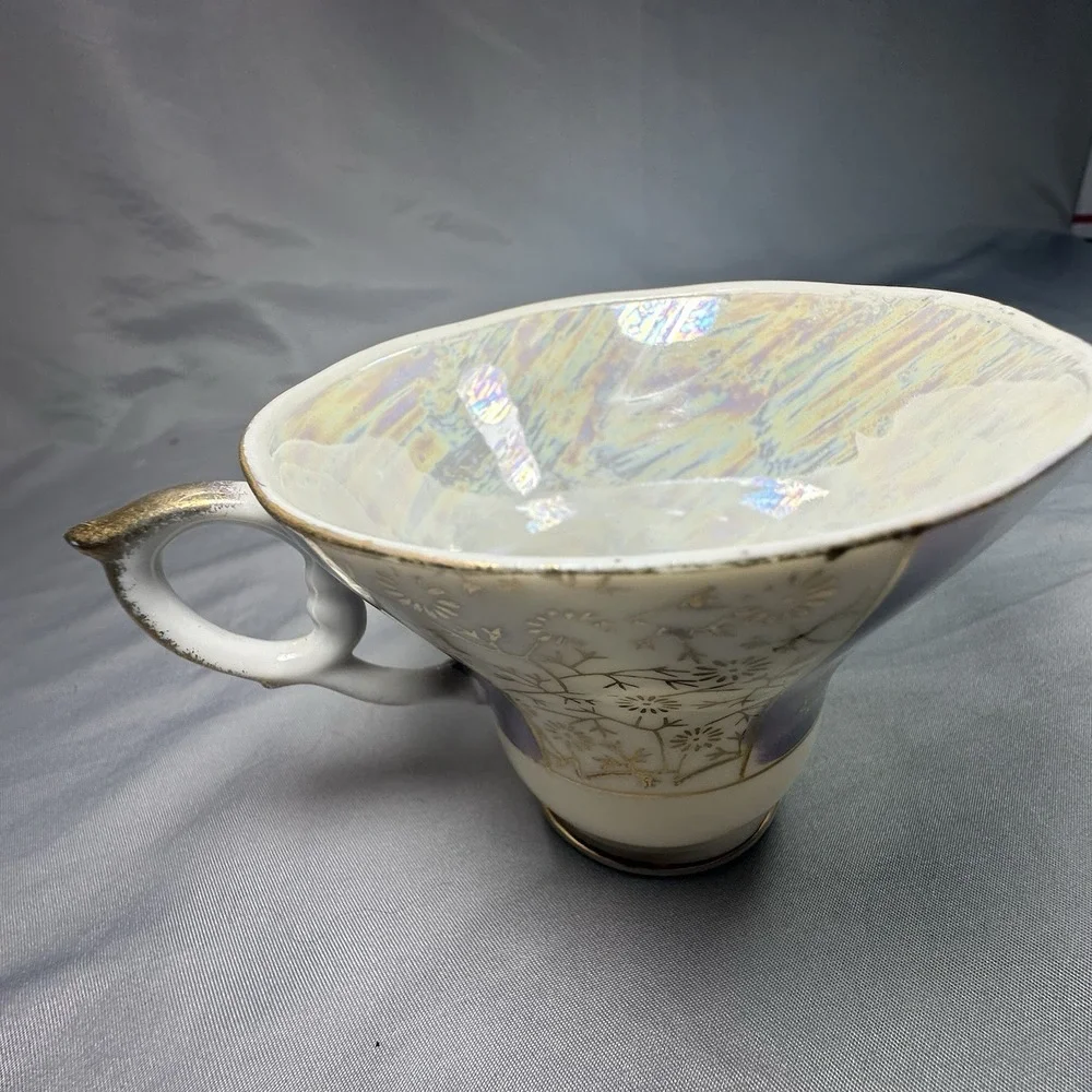 Vintage Lavender Lusterware Tea Cup Saucer Japan Gold Floral Iridescent 1950 Set